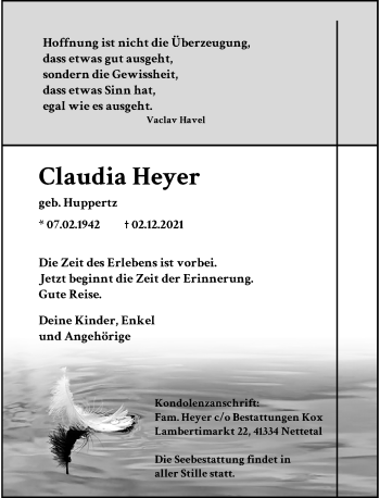 Traueranzeige von Claudia Heyer von Rheinische Post