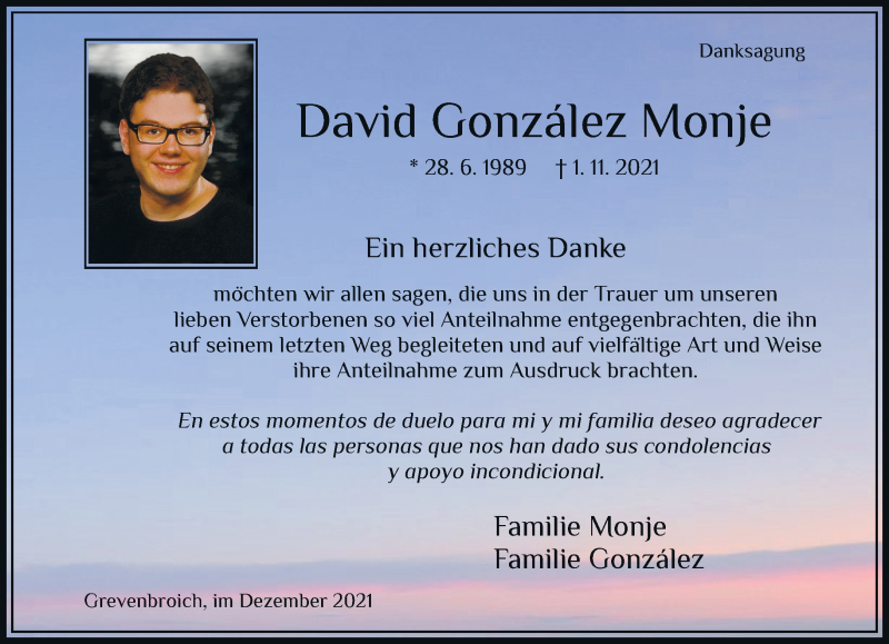  Traueranzeige für David González Monje vom 18.12.2021 aus Rheinische Post