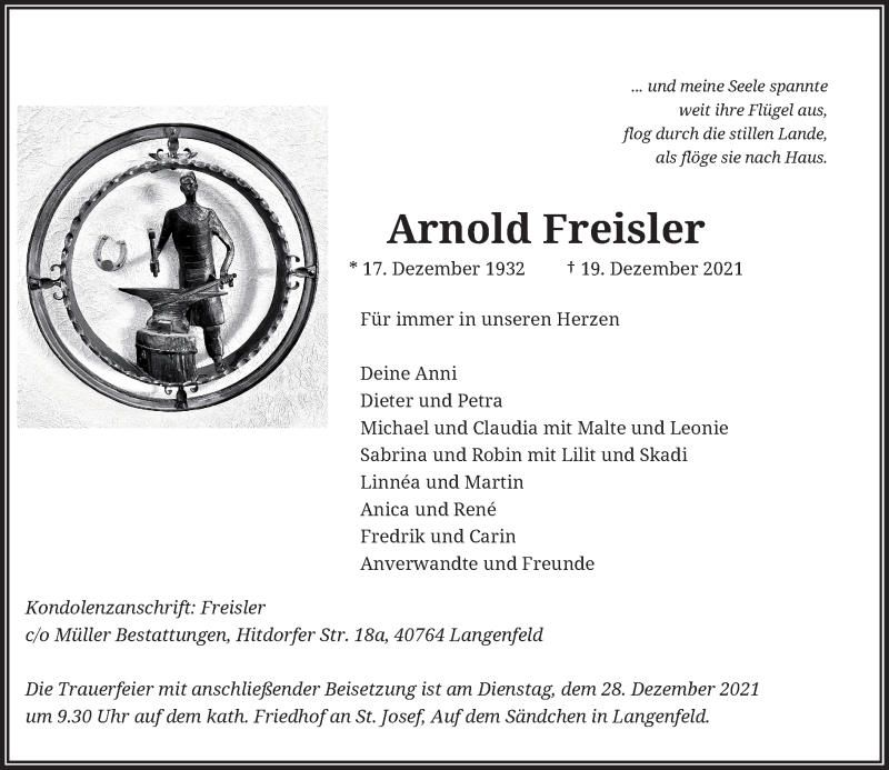  Traueranzeige für Arnold Freisler vom 24.12.2021 aus Rheinische Post