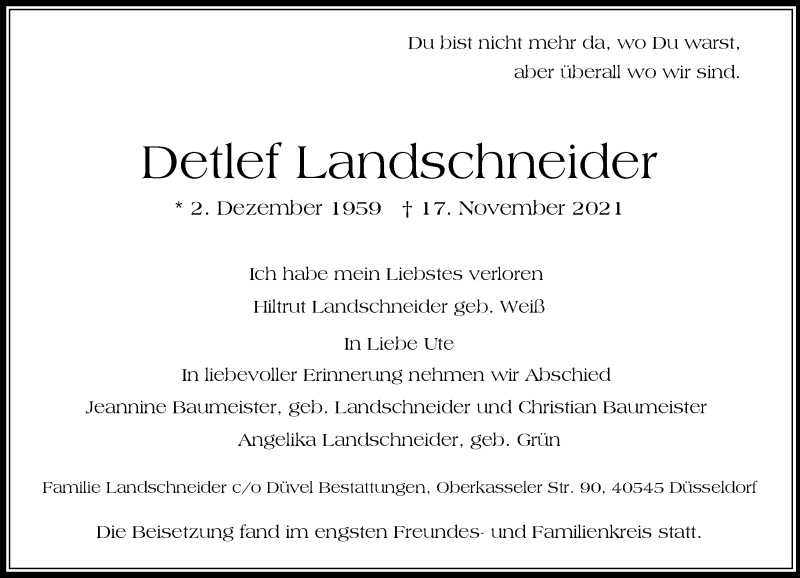  Traueranzeige für Detlef Landschneider vom 18.12.2021 aus Rheinische Post