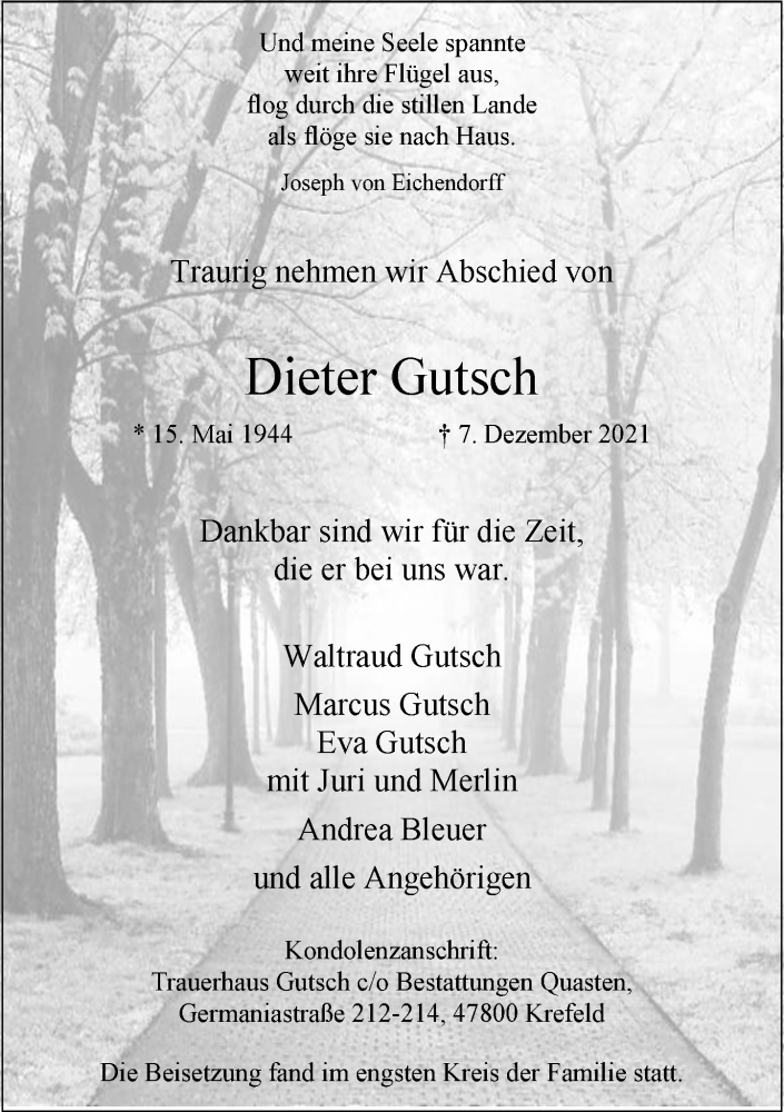  Traueranzeige für Dieter Gutsch vom 22.12.2021 aus Rheinische Post
