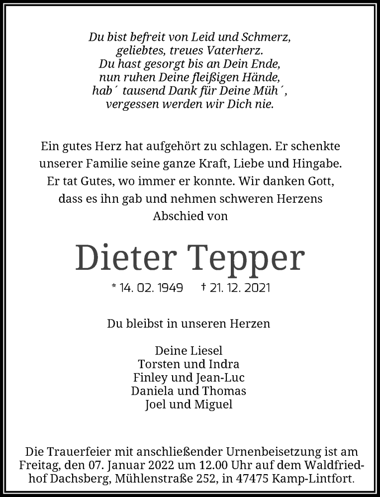  Traueranzeige für Dieter Tepper vom 31.12.2021 aus Rheinische Post