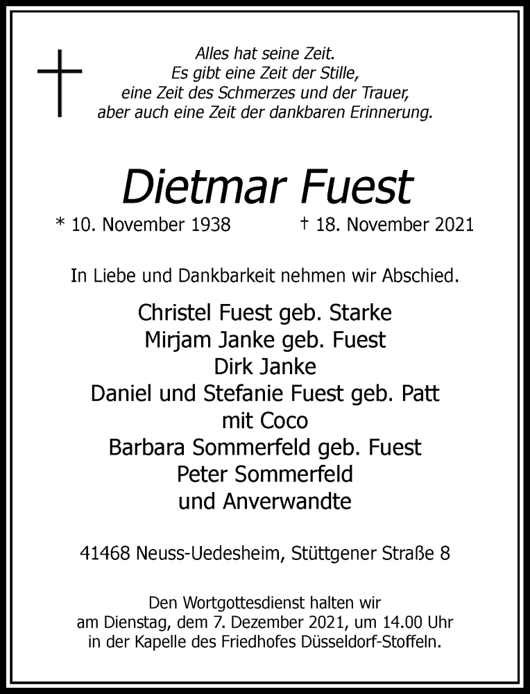  Traueranzeige für Dietmar Fuest vom 04.12.2021 aus Rheinische Post