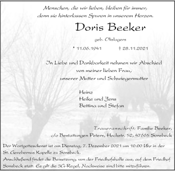 Traueranzeige von Doris Beeker von Rheinische Post