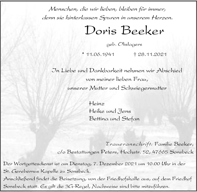  Traueranzeige für Doris Beeker vom 02.12.2021 aus Rheinische Post