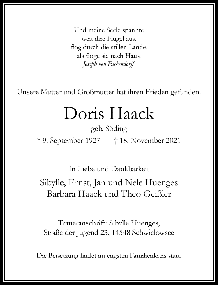  Traueranzeige für Doris Haack vom 04.12.2021 aus Rheinische Post