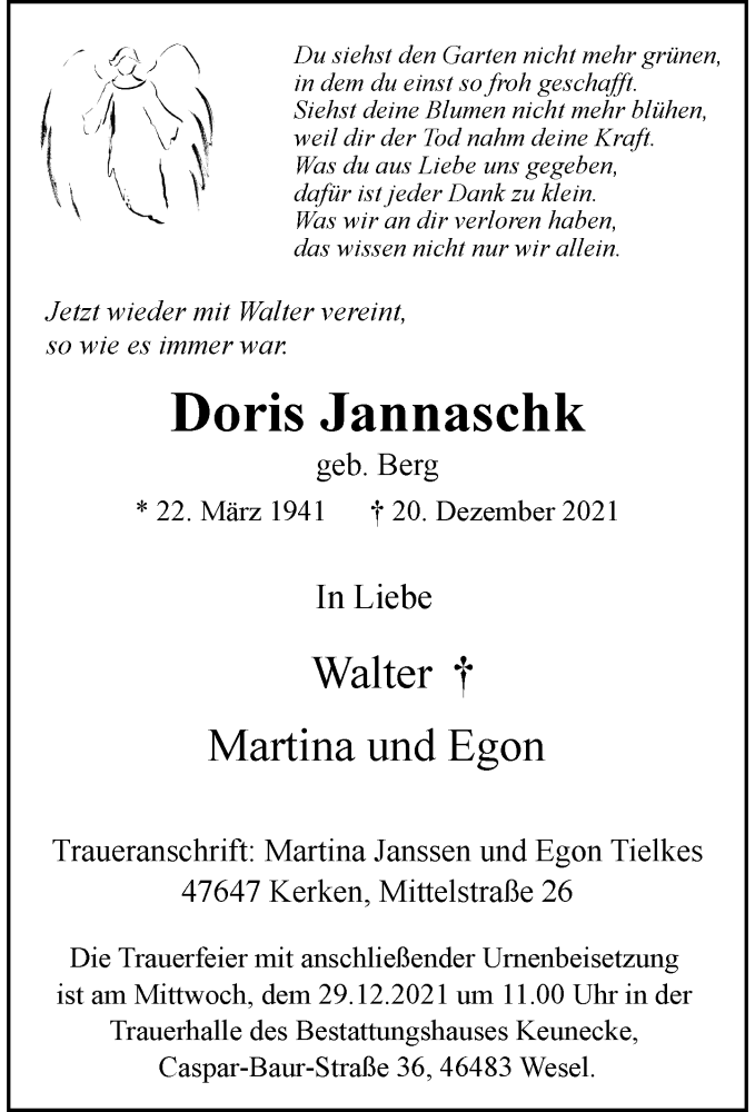  Traueranzeige für Doris Jannaschk vom 29.12.2021 aus Rheinische Post