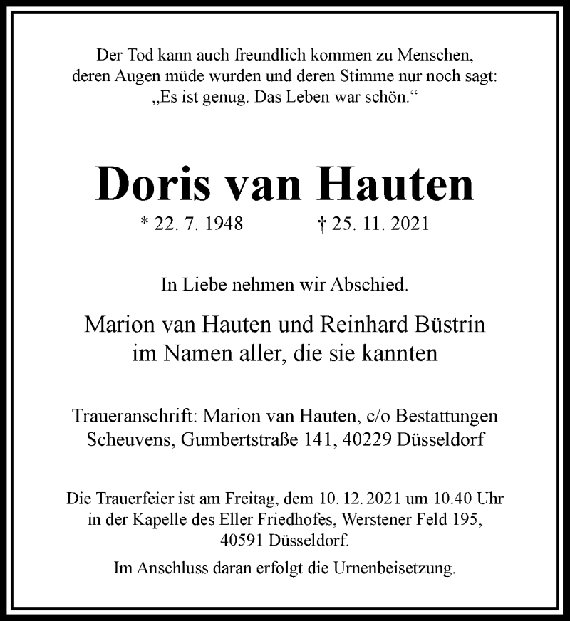  Traueranzeige für Doris van Hauten vom 04.12.2021 aus Rheinische Post