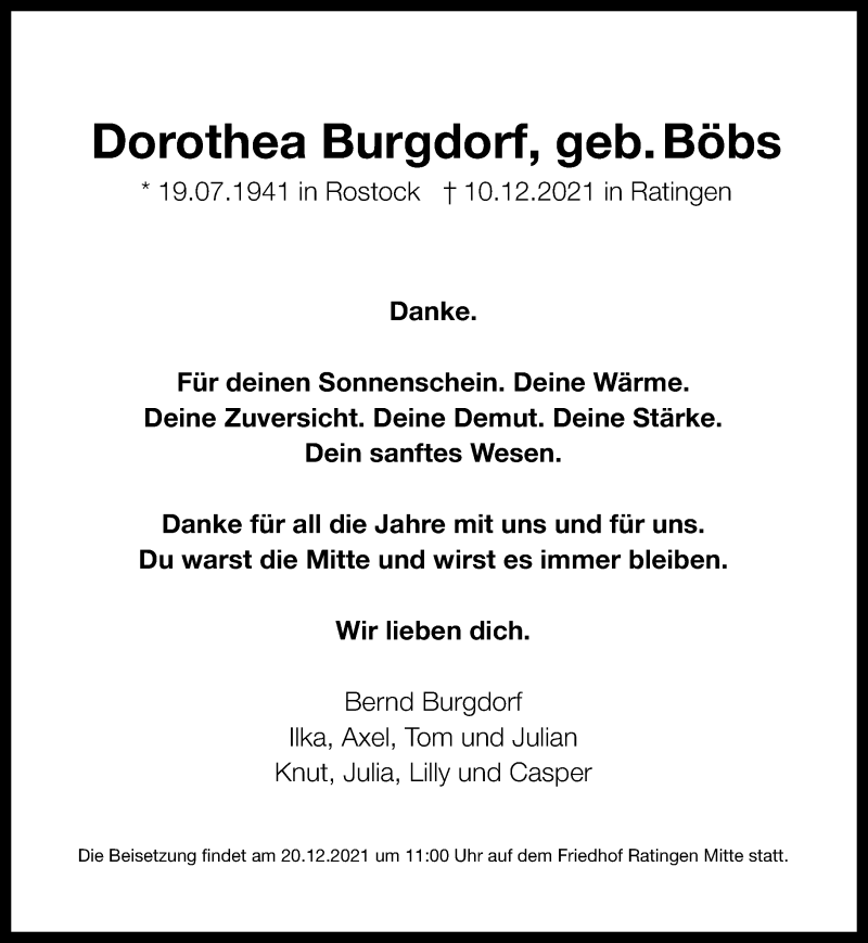  Traueranzeige für Dorothea Burgdorf vom 18.12.2021 aus Rheinische Post