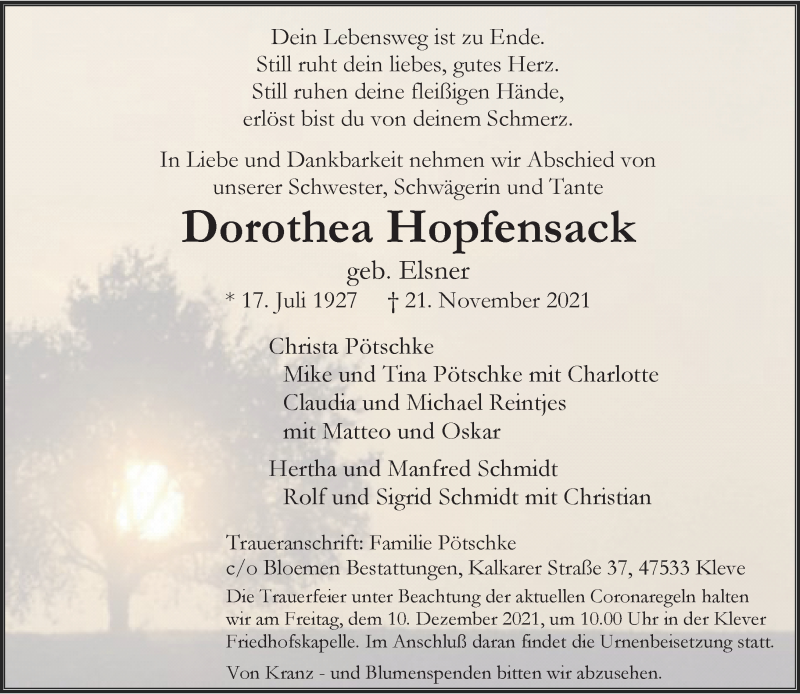  Traueranzeige für Dorothea Hopfensack vom 04.12.2021 aus Rheinische Post