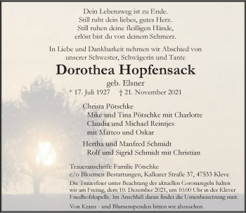 Traueranzeige von Dorothea Hopfensack von Rheinische Post