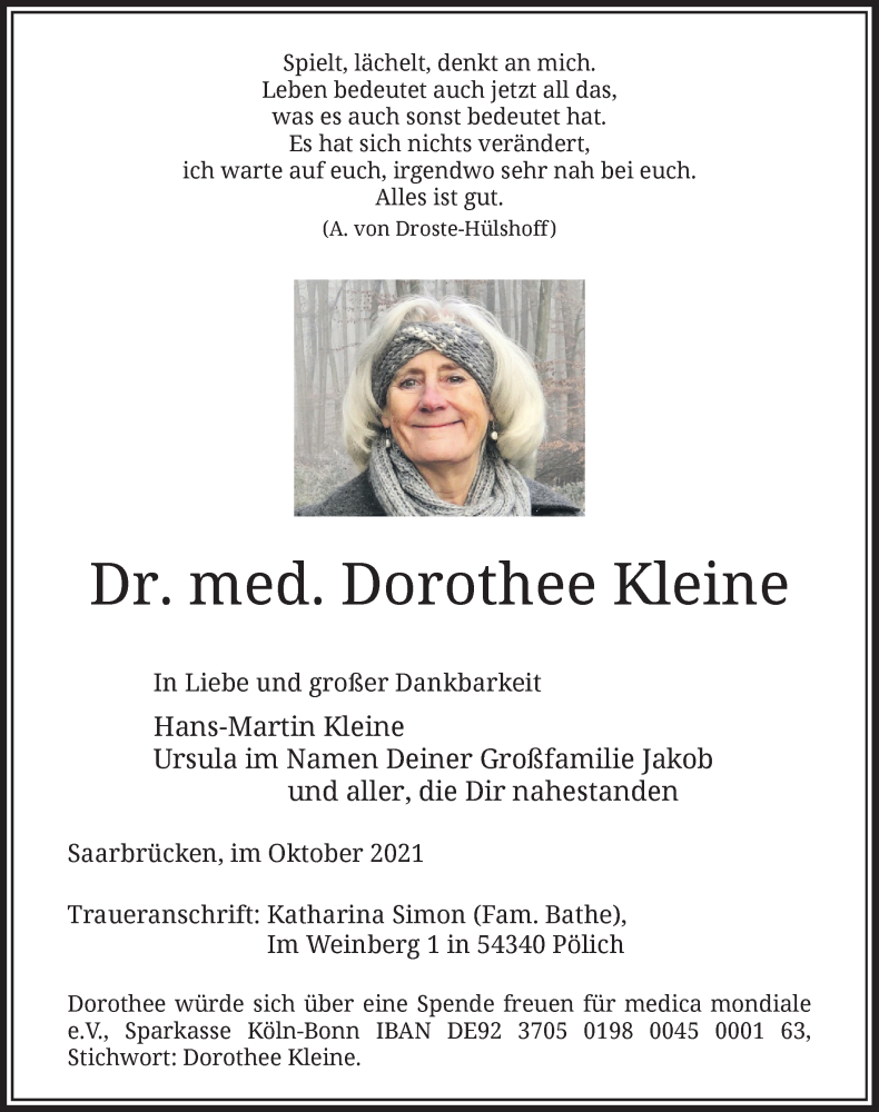  Traueranzeige für Dorothee Kleine vom 04.12.2021 aus Rheinische Post