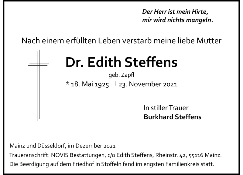  Traueranzeige für Edith Steffens vom 04.12.2021 aus Rheinische Post