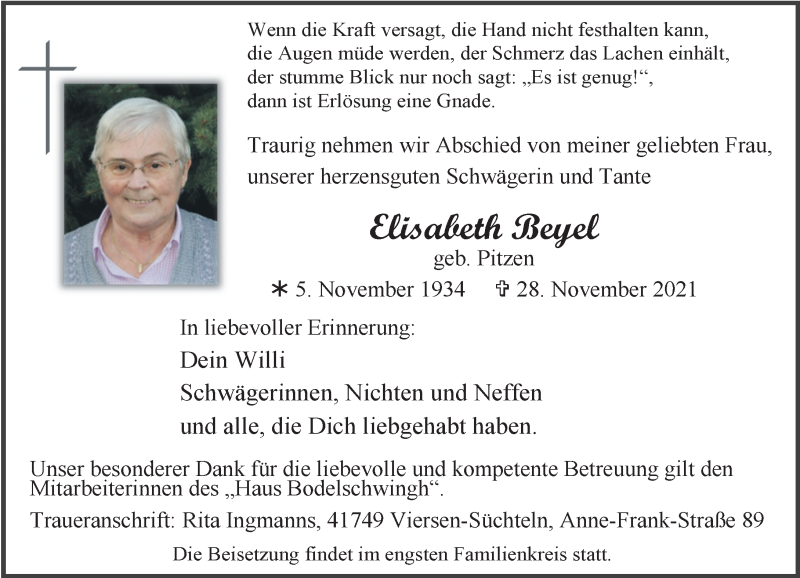  Traueranzeige für Elisabeth Beyel vom 04.12.2021 aus Rheinische Post