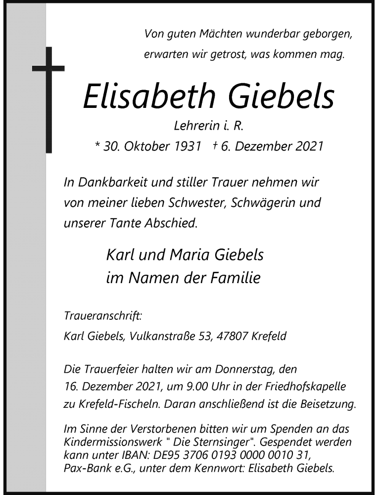  Traueranzeige für Elisabeth Giebels vom 11.12.2021 aus Rheinische Post