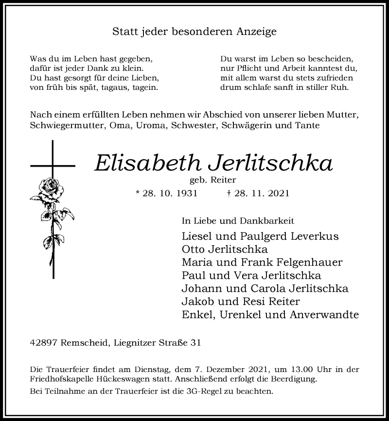  Traueranzeige für Elisabeth Jerlitschka vom 04.12.2021 aus Rheinische Post