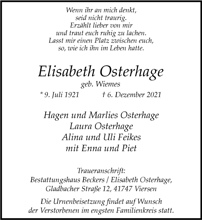  Traueranzeige für Elisabeth Osterhage vom 18.12.2021 aus Rheinische Post