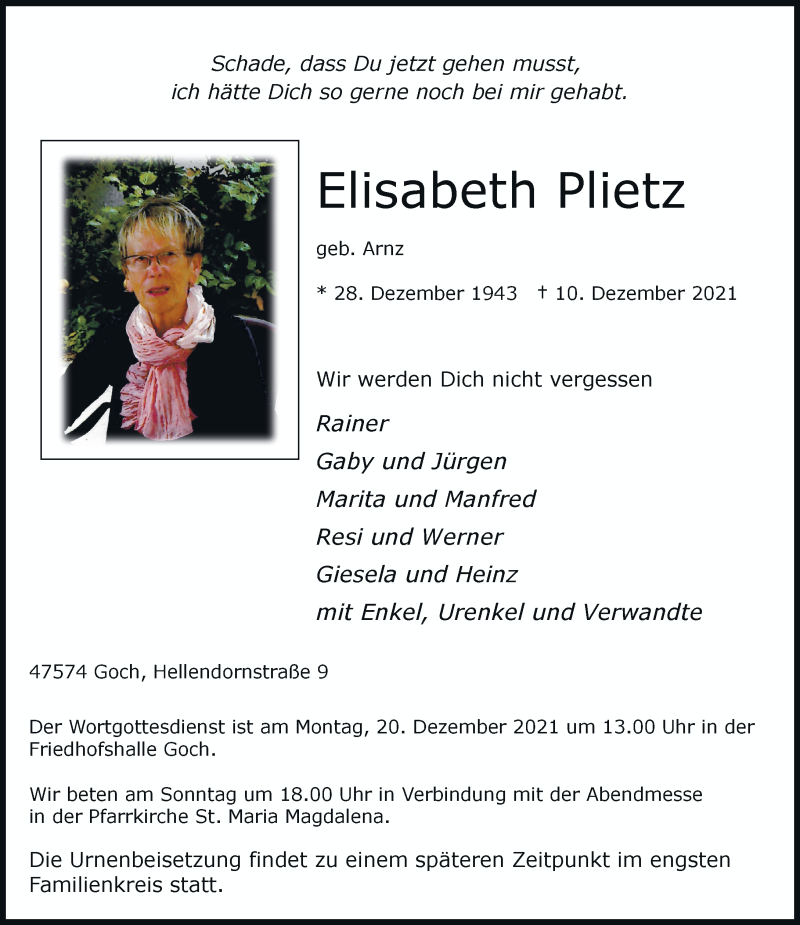  Traueranzeige für Elisabeth Plietz vom 17.12.2021 aus Rheinische Post