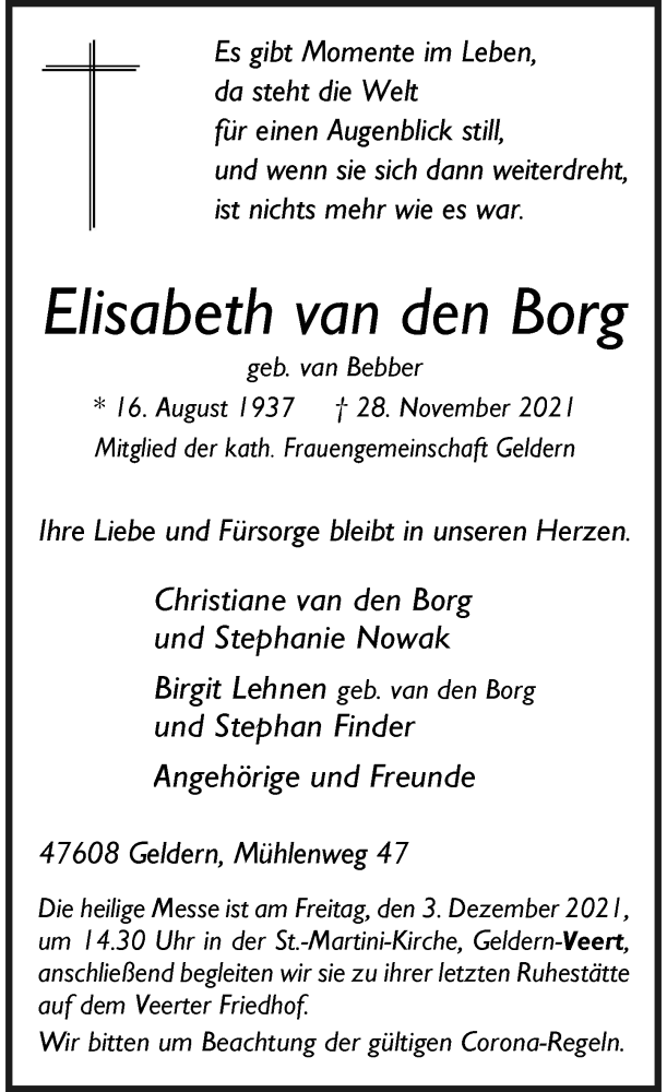  Traueranzeige für Elisabeth van den Borg vom 02.12.2021 aus Rheinische Post