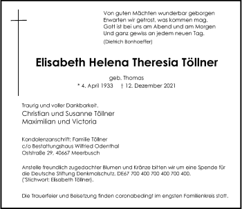 Traueranzeige von Elisabeth Helena Theresia Töllner von Rheinische Post
