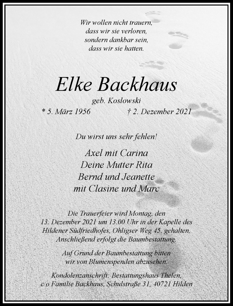  Traueranzeige für Elke Backhaus vom 08.12.2021 aus Rheinische Post