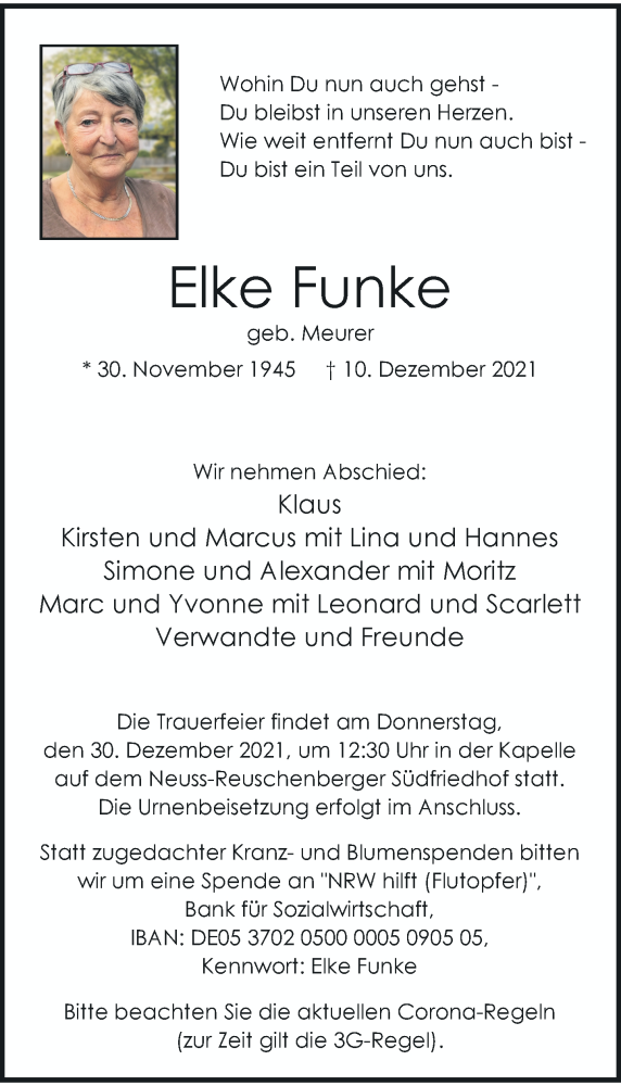  Traueranzeige für Elke Funke vom 18.12.2021 aus Rheinische Post