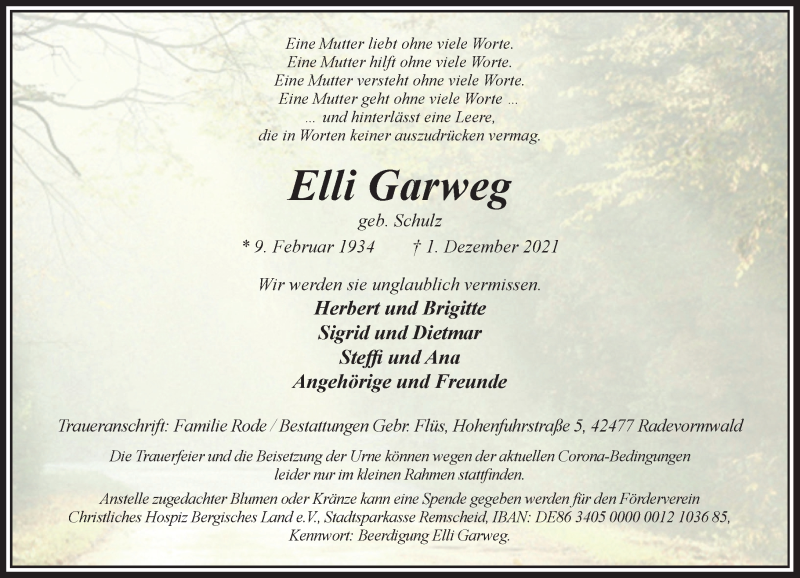  Traueranzeige für Elli Garweg vom 11.12.2021 aus Rheinische Post
