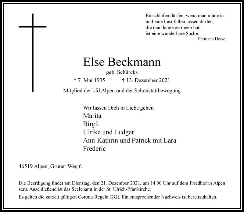  Traueranzeige für Else Beckmann vom 18.12.2021 aus Rheinische Post