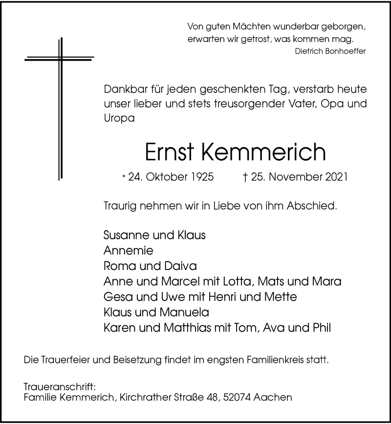  Traueranzeige für Ernst Kemmerich vom 04.12.2021 aus Rheinische Post