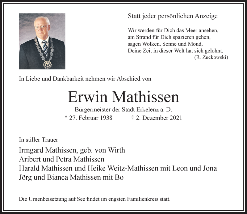  Traueranzeige für Erwin Mathissen vom 07.12.2021 aus Rheinische Post