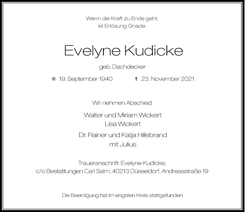  Traueranzeige für Evelyne Kudicke vom 04.12.2021 aus Rheinische Post