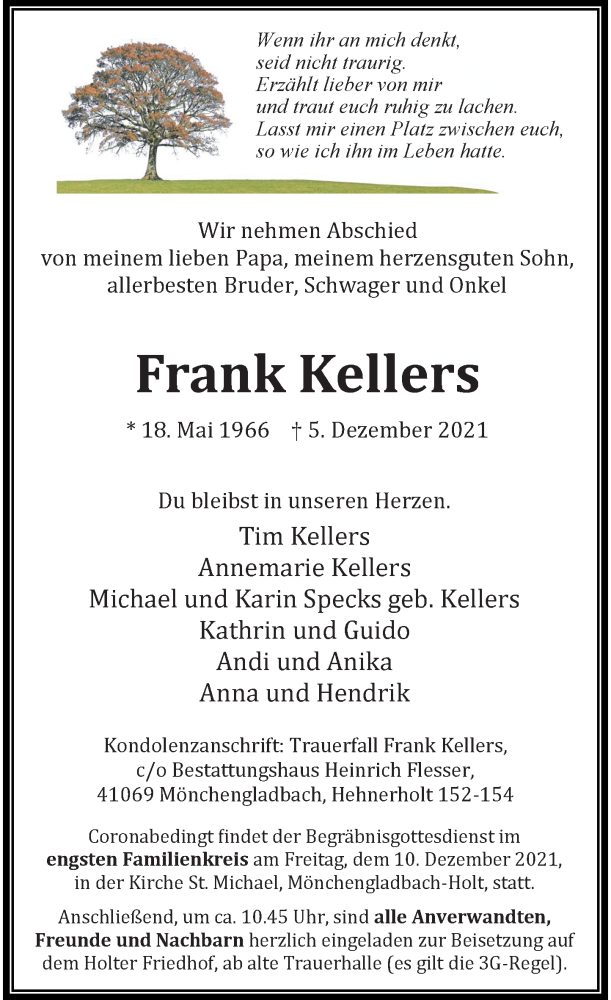  Traueranzeige für Frank Kellers vom 07.12.2021 aus Rheinische Post