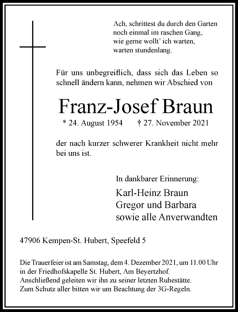  Traueranzeige für Franz-Josef Braun vom 02.12.2021 aus Rheinische Post