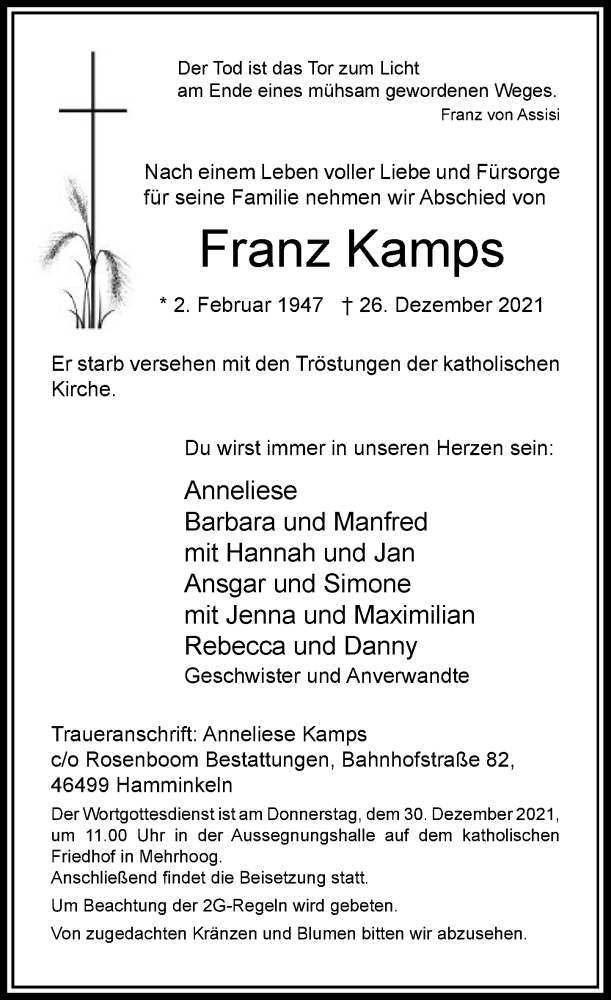  Traueranzeige für Franz Kamps vom 28.12.2021 aus Rheinische Post