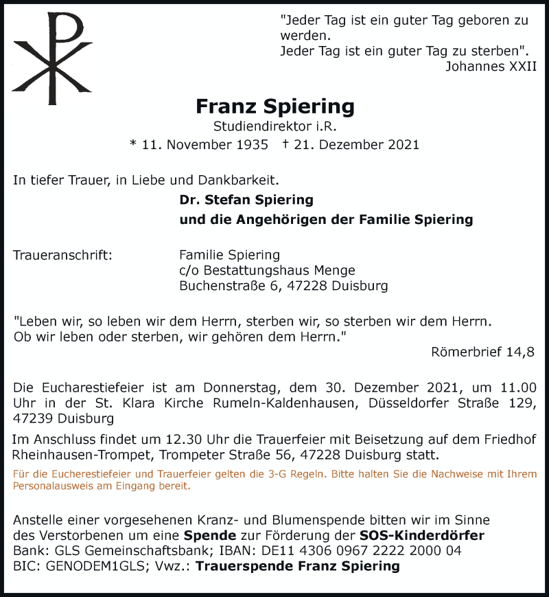  Traueranzeige für Franz Spiering vom 24.12.2021 aus Rheinische Post