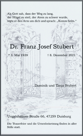 Traueranzeige von Franz Josef Stubert von Rheinische Post