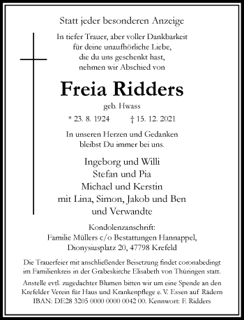 Traueranzeige von Freia Ridders von Rheinische Post