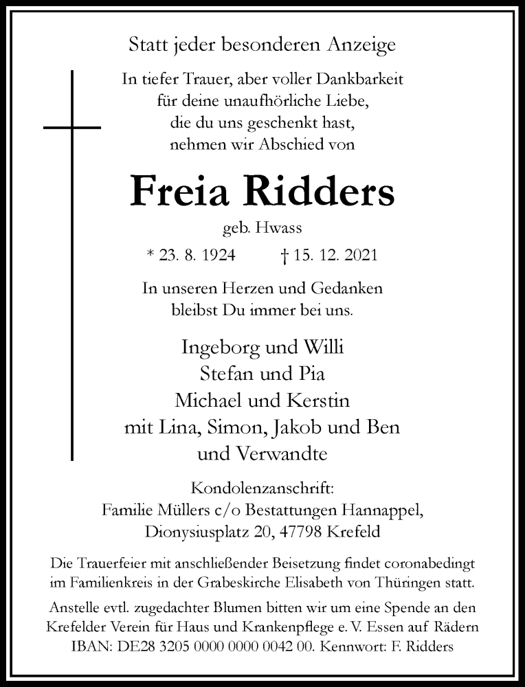  Traueranzeige für Freia Ridders vom 18.12.2021 aus Rheinische Post