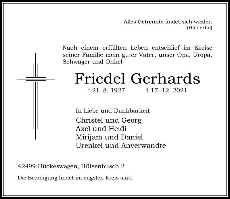  Traueranzeige für Friedel Gerhards vom 22.12.2021 aus Rheinische Post