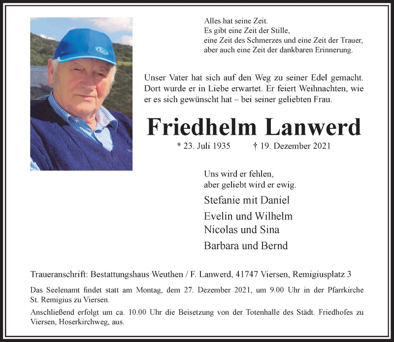  Traueranzeige für Friedhelm Lanwerd vom 24.12.2021 aus Rheinische Post