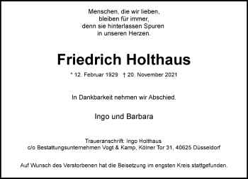 Traueranzeige von Friedrich Holthaus von Rheinische Post