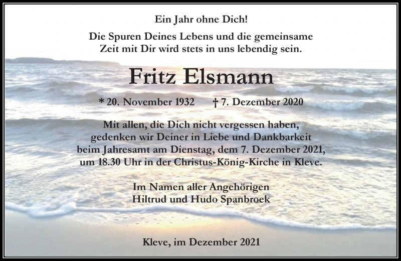  Traueranzeige für Fritz Elsmann vom 04.12.2021 aus Rheinische Post