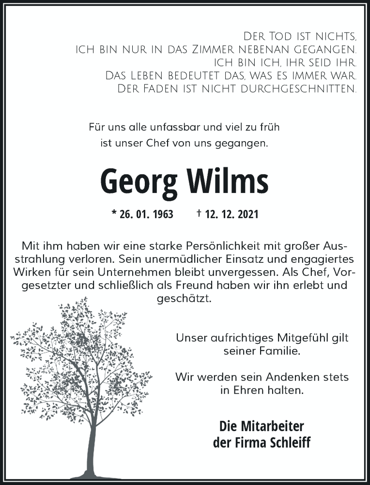  Traueranzeige für Georg Wilms vom 18.12.2021 aus Rheinische Post