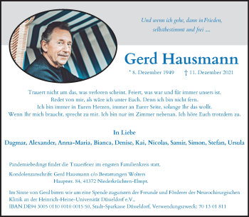 Traueranzeige von Gerd Hausmann von Rheinische Post