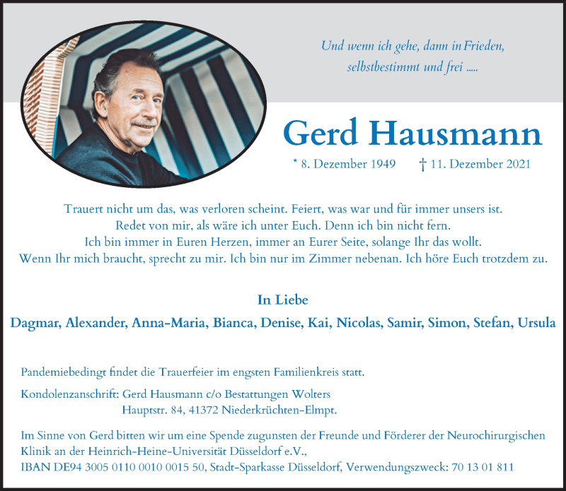  Traueranzeige für Gerd Hausmann vom 24.12.2021 aus Rheinische Post