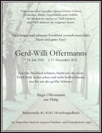 Traueranzeige von Gerd-Willi Offermanns von Rheinische Post