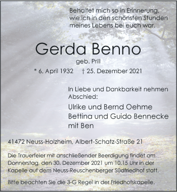 Traueranzeige von Gerda Benno von Rheinische Post