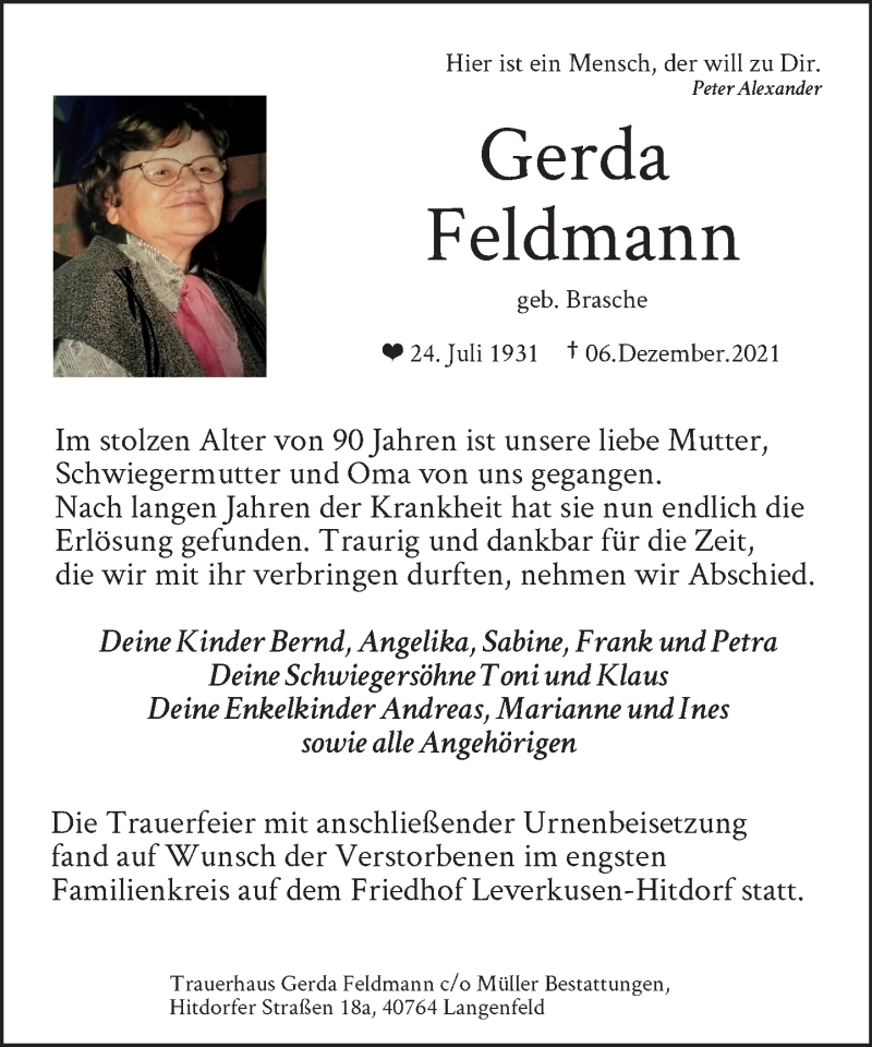  Traueranzeige für Gerda Feldmann vom 24.12.2021 aus Rheinische Post