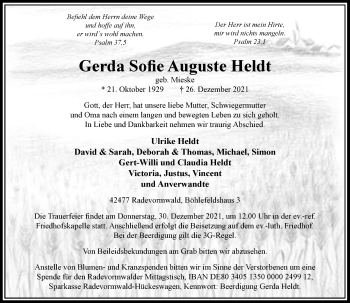 Traueranzeige von Gerda Sofie Auguste Heldt von Rheinische Post