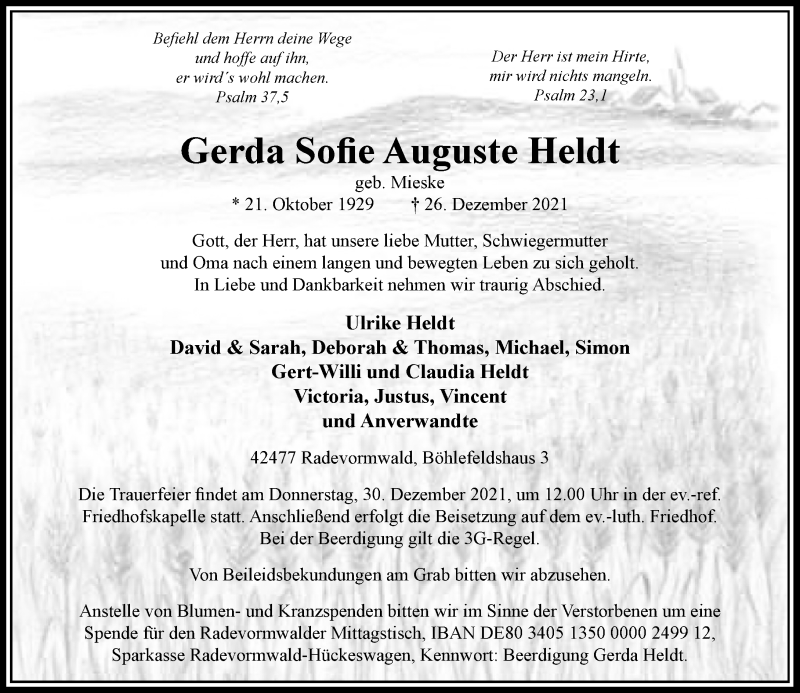  Traueranzeige für Gerda Sofie Auguste Heldt vom 29.12.2021 aus Rheinische Post